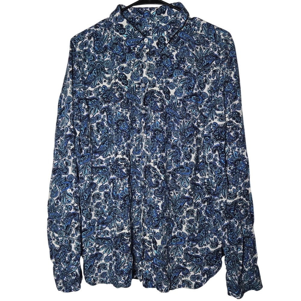 Talbots Womens Blue Paisley‎ Mixed Media Button Long Sleeve Top XL Boho Office